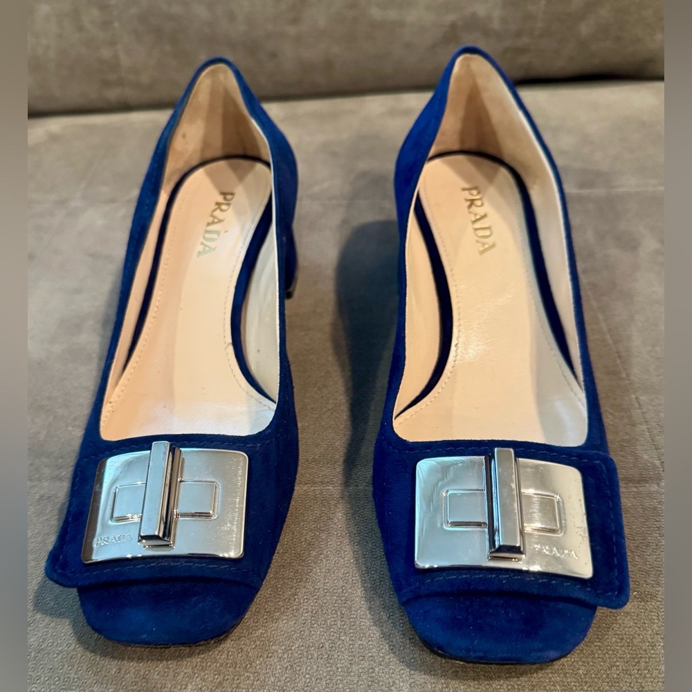 Prada Royal Blue Suede Heels with Silver Accents
